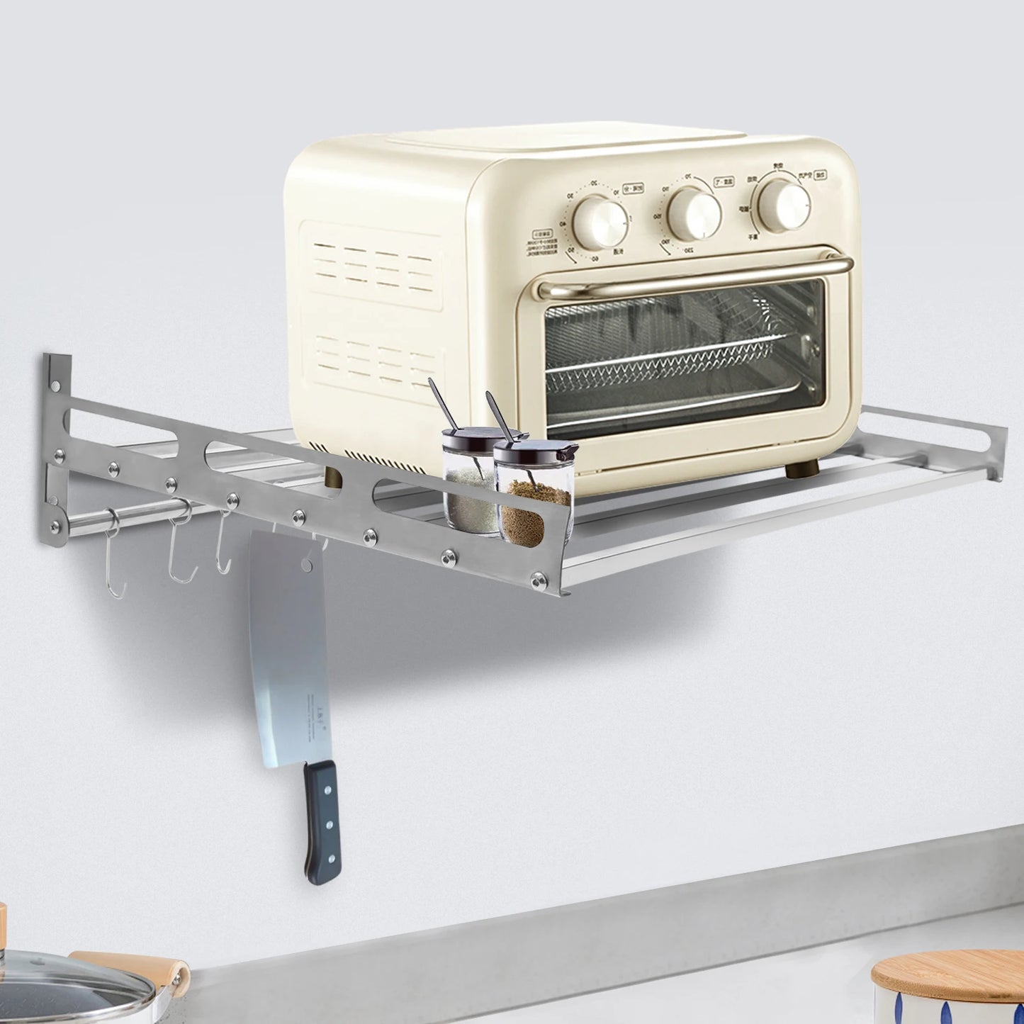 Wall Mount Microwave Oven Shelf Kitchen Item Storage Bracket W/12Hooks Stainless - Cooky Kitchenware