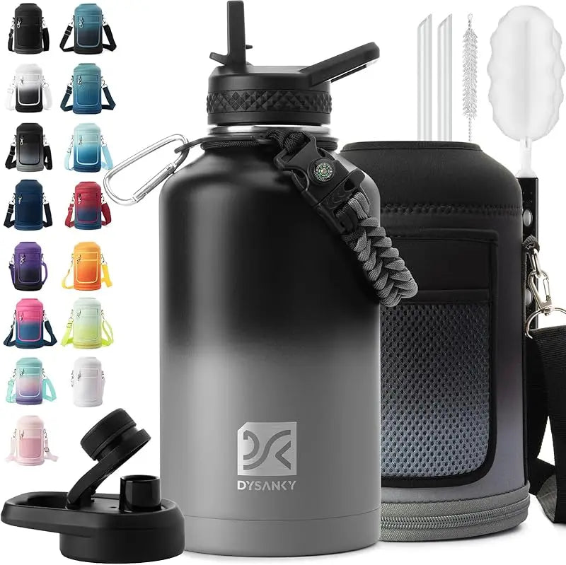 64 oz Insulated Water Bottle Thickened Stainless Steel Vacuum Design, BPA-Free, Large Jug with Straw, Carrier Bag & Handle Strap