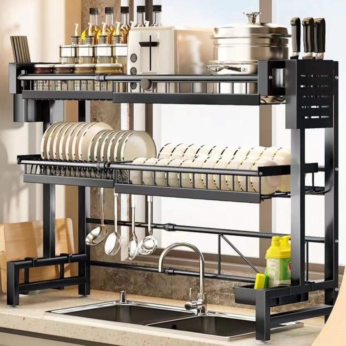 2 Tier Kitchen Storage Shelf Above Sink Stretchable Bowl Draining Rack Multifunctional Dish Knife Spoon Sink Rack Set Organizer - Cooky Kitchenware