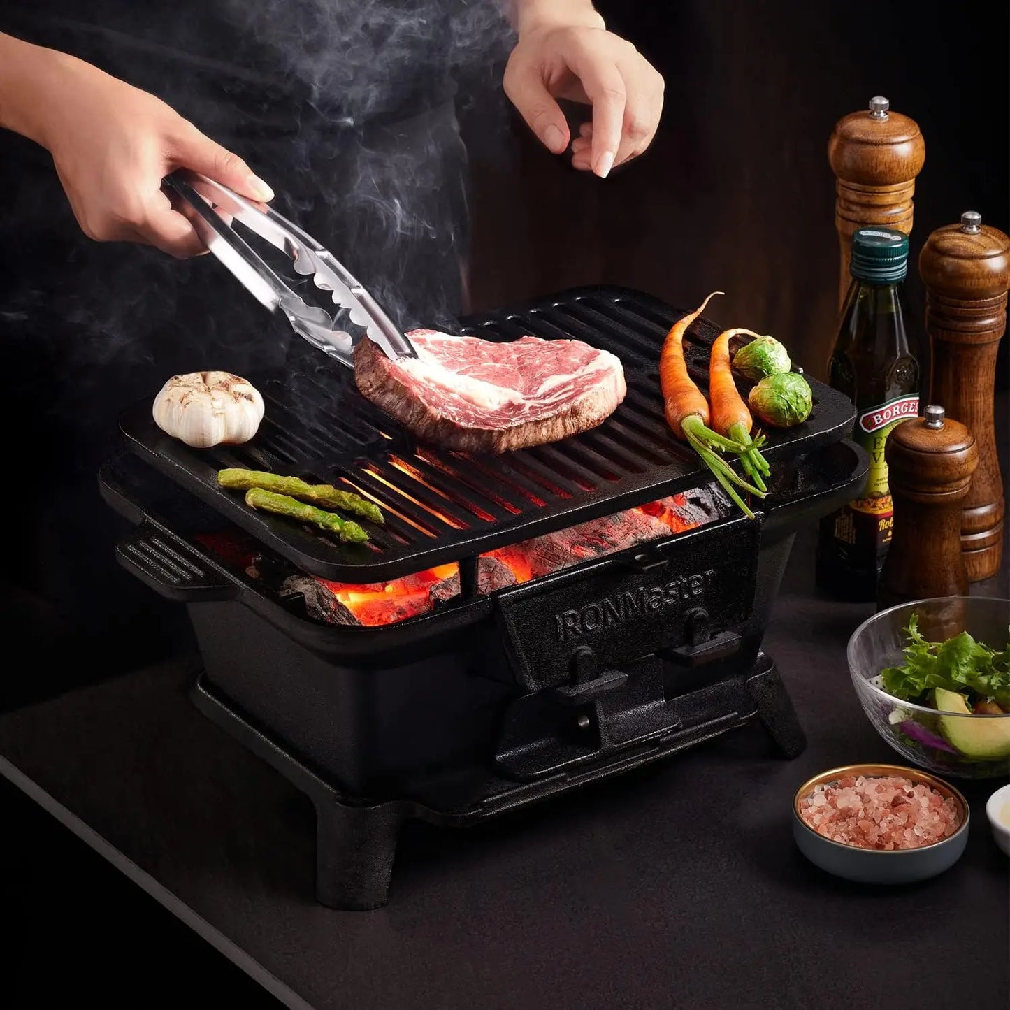 Hibachi Grill Outdoor Small Portable Charcoal Grill 100 Percent Pre Seasoned Cast Iron Air Control Coal Door - Cooky Kitchenware