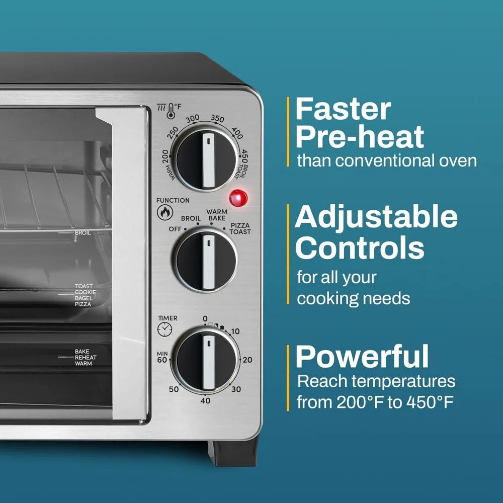 Double French Door Countertop Toaster Oven, Bake, Broil, Toast, Keep Warm, Fits 12" pizza, 25L capacity, Stainless Steel & Black - Cooky Kitchenware