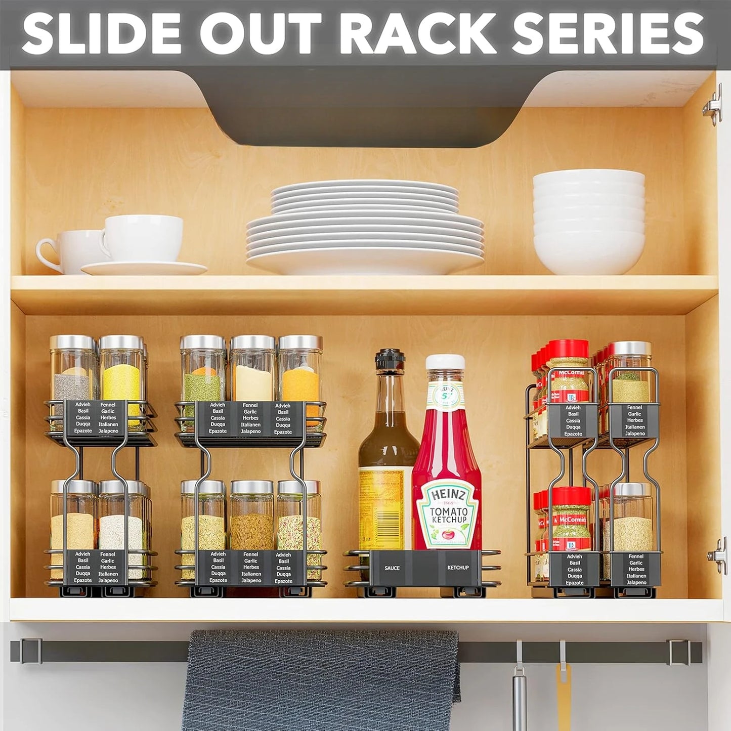 Heavy Duty Slide Out Seasoning Kitchen Organizer Cabinet Organizer with Labels - Cooky Kitchenware