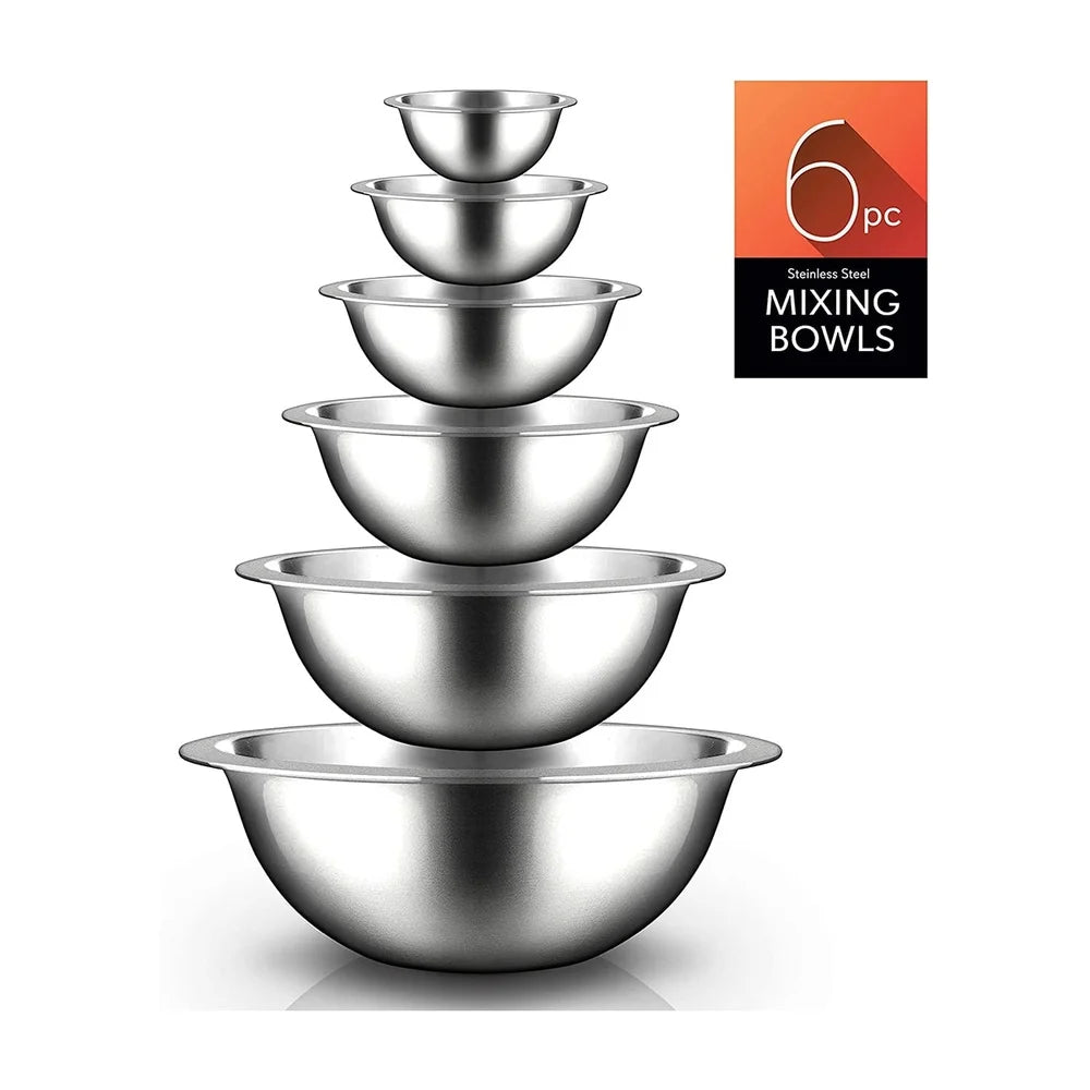 6 Piece Stainless Steel Mixing Bowl Set Durable Food Prep Serving Bowls Stackable Design Easy Clean Dishwasher Safe Kitchen