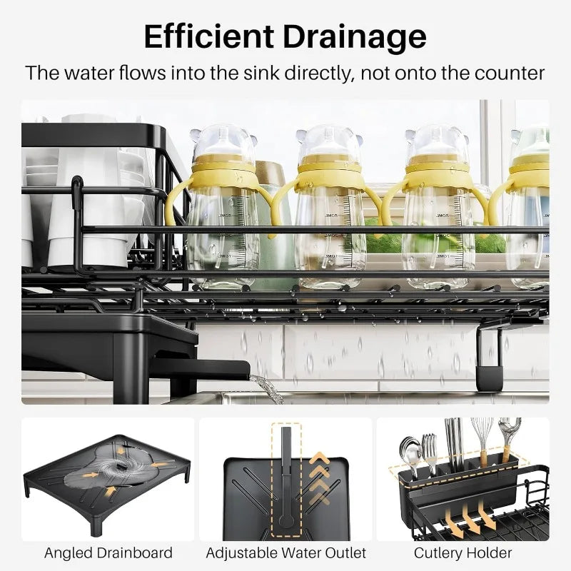 Dish Drying Rack - Extendable Dish Rack, Large Sink Drying Drainer for Kitchen Counter, Stainless Steel Dish Strainer - Cooky Kitchenware