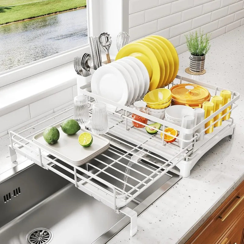 Dish Drying Rack - Extendable Dish Rack, Large Sink Drying Drainer for Kitchen Counter, Stainless Steel Dish Strainer - Cooky Kitchenware