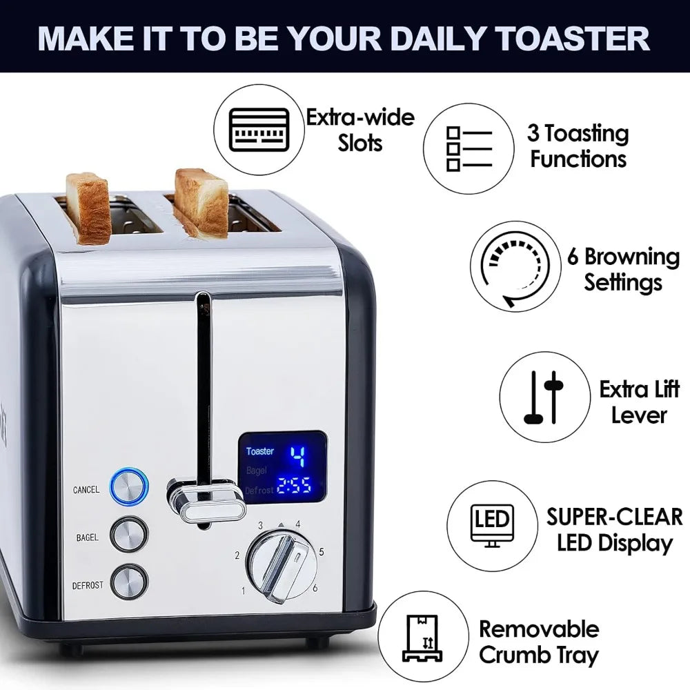 Stainless Steel Toaster with Large LED Display, Bread Toaster 1.5'' Extra-wide Slots with 6 Browning Settings, Cancel/Bagel - Cooky Kitchenware