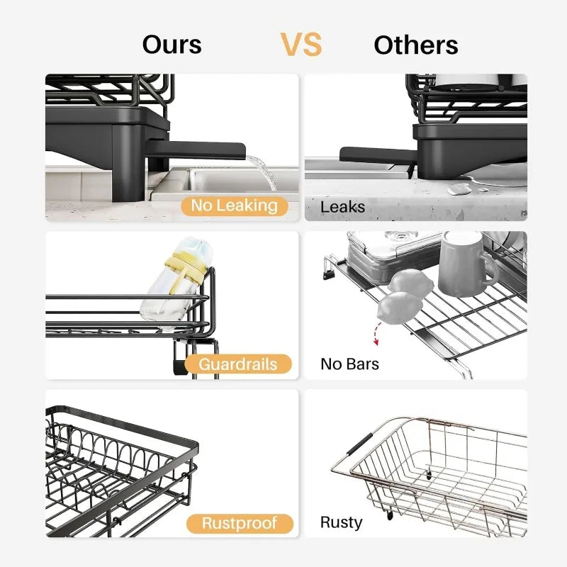 Dish Drying Rack - Extendable Dish Rack, Large Sink Drying Drainer for Kitchen Counter, Stainless Steel Dish Strainer - Cooky Kitchenware