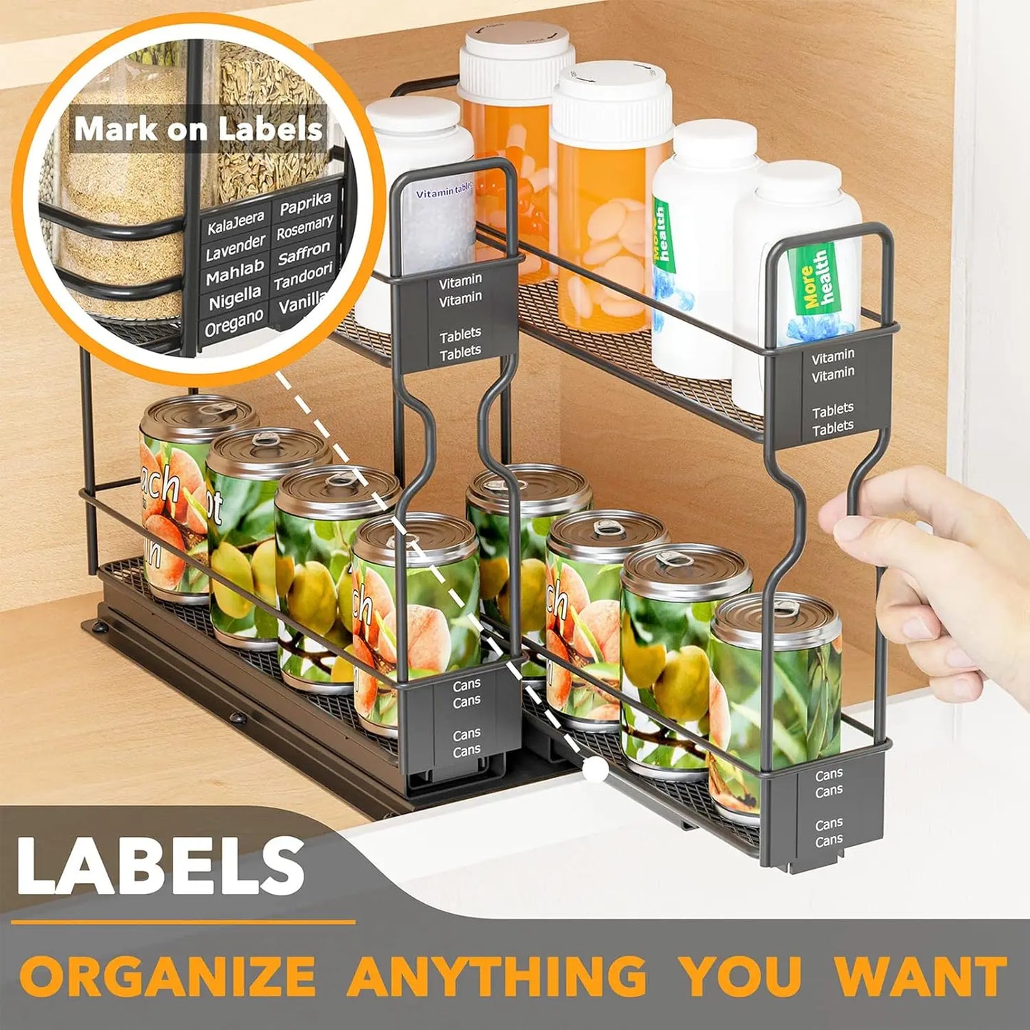 Heavy Duty Slide Out Seasoning Kitchen Organizer Cabinet Organizer with Labels - Cooky Kitchenware