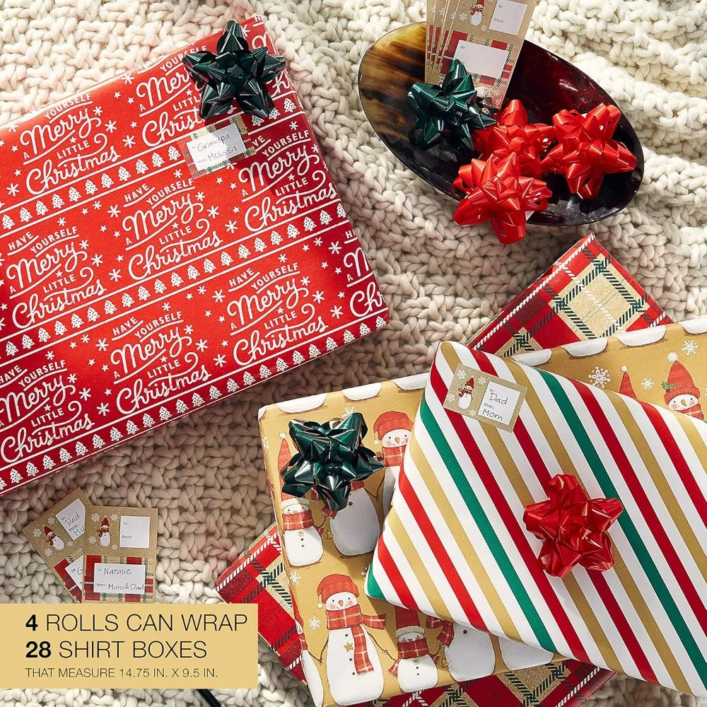 120 sq. ft. Christmas Wrapping Paper Set, Tan, Plaid, Snowman and Christmas Text (4 Rolls 30 in. x 12 ft., 7 Bows, 30 Gift Tags)