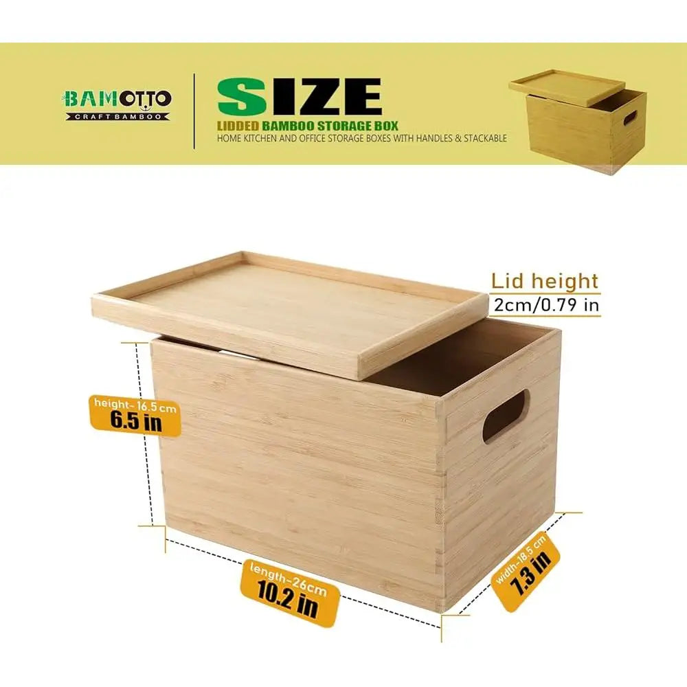 Stackable Bamboo Storage Bin with Lid and Handles Kitchen Office Organization and Home Decor - Cooky Kitchenware