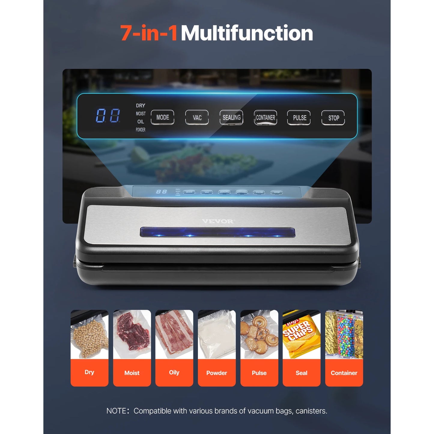 VEVOR 80Kpa 120W Electric Vacuum Sealer Machine 7-in-1 Dry Wet Food Sealer with Built-in Cutter Knife for Kitchen Food Storage - Cooky Kitchenware
