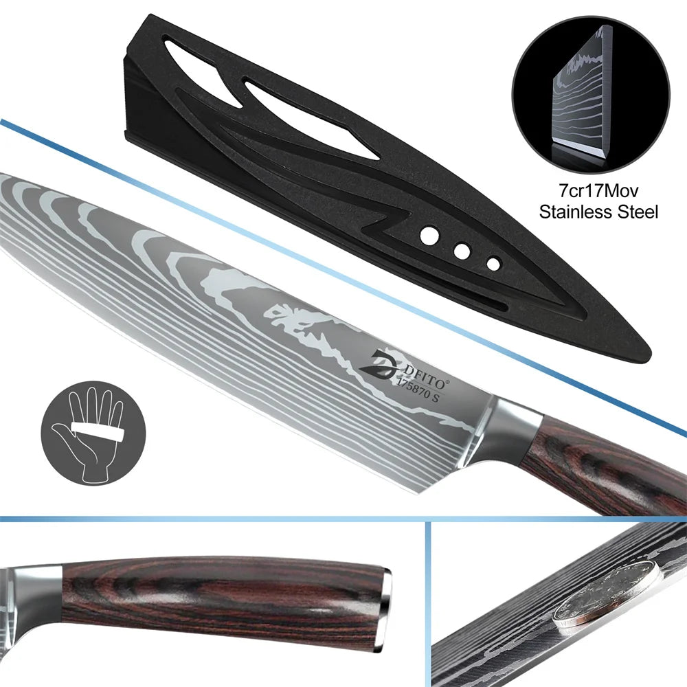 8pcs Kitchen Knife Set Damascus Stainless Steel Chef Utility Paring Boning Cleaver Slicing Santoku Knives with Nylon Bag - Cooky Kitchenware