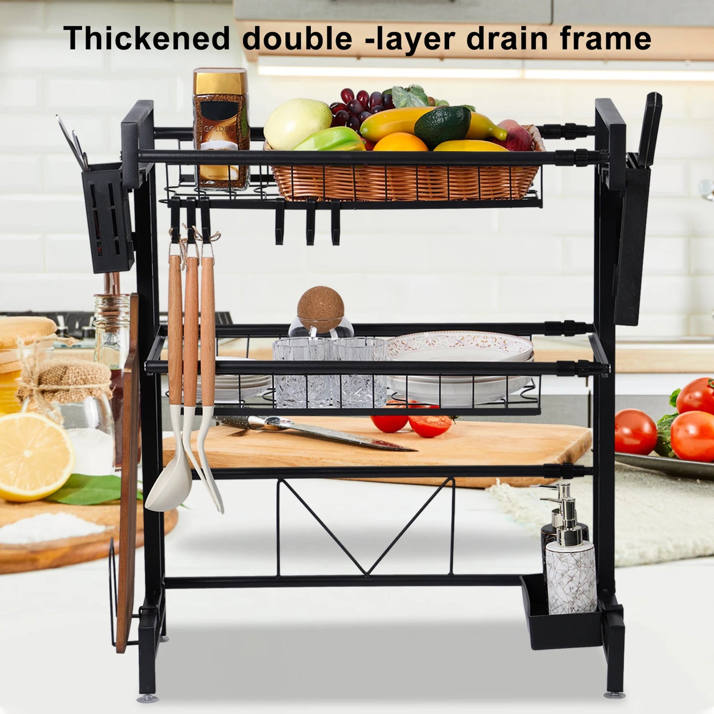 2 Tier Kitchen Storage Shelf Above Sink Stretchable Bowl Draining Rack Multifunctional Dish Knife Spoon Sink Rack Set Organizer - Cooky Kitchenware