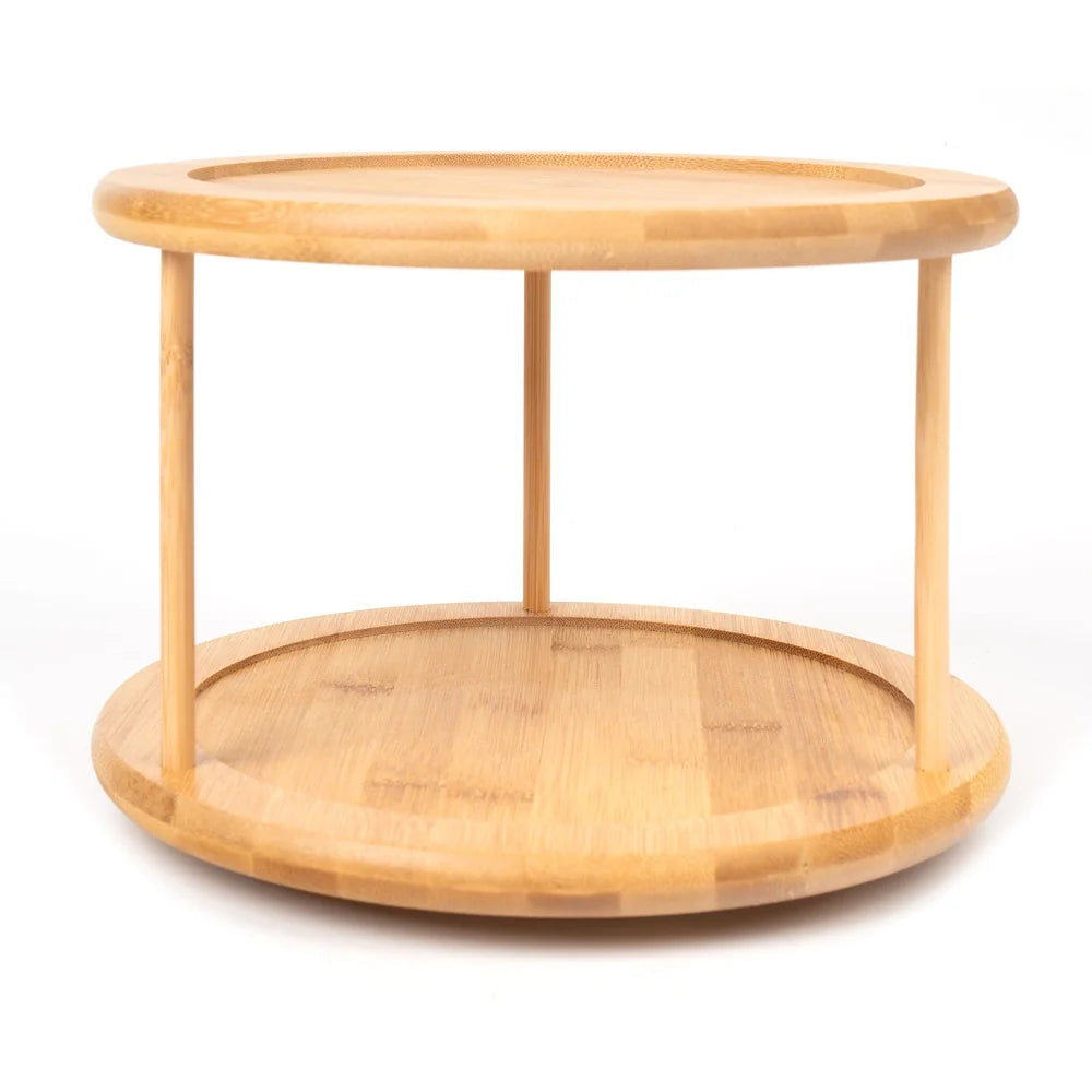 Bamboo 2-Tier Spice Rack Rotating Kitchen Organizer Storage Seasoning Jars Cans Condiments Easy Assembly Multifunctional