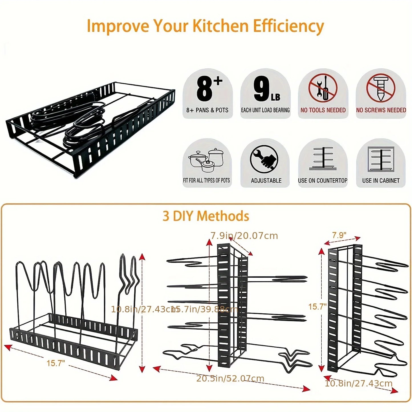 2 Pack Pot Rack, Pot Rack Organizers, Kitchen Organization & Storage Rack, Adjustable Pot Lid Holders & Pan Rack - Cooky Kitchenware