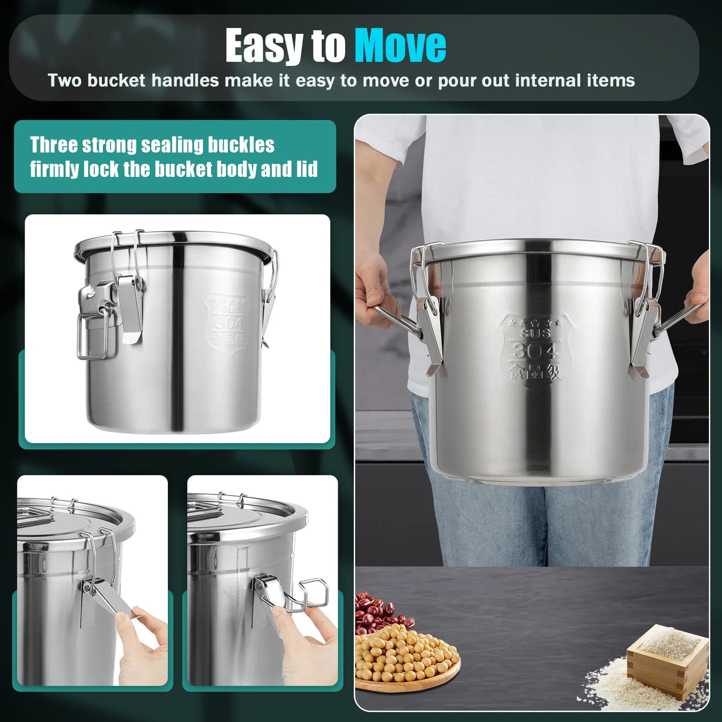 12L Airtight Food Storage Container Stainless Steel Bucket Water Jug Kitchen Accessory - Cooky Kitchenware
