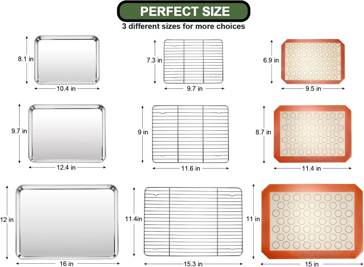 Baking Set: Stainless Steel Sheet Pan with Cooling Rack & Silicone Mat Set, Multi-Size , Warp Resistant - Cooky Kitchenware