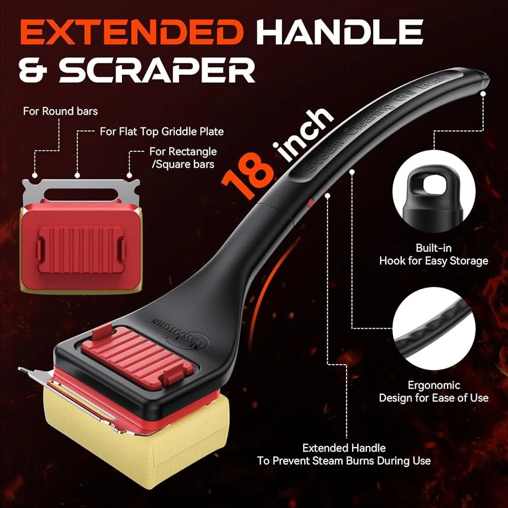 Bristle-Free Grill Brush Heat-Resistant Kevlar Head Steam Cleaning BBQ Brush with Scraper Safe and Efficient Grill Cleaner - Cooky Kitchenware