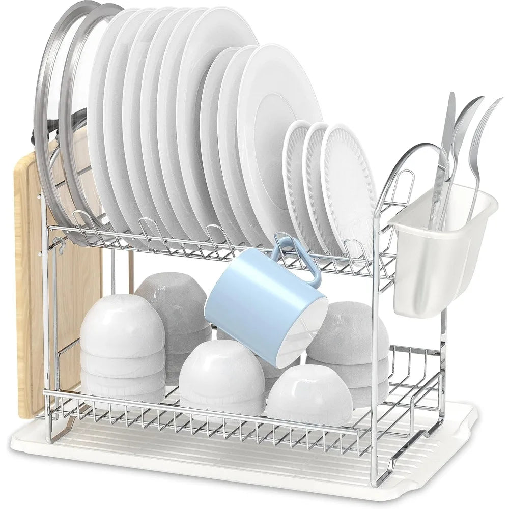 2-Tier Stainless Steel Dish Rack with Drainboard - Space-Saving Design for Efficient Kitchen Drying and Storage - Cooky Kitchenware