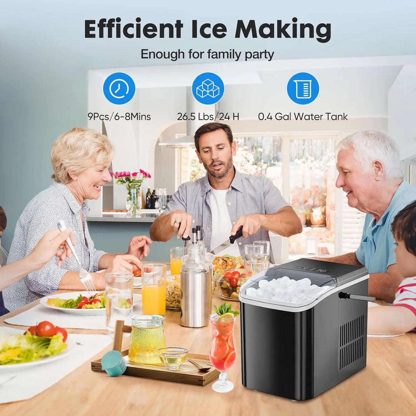 Portable Countertop Ice Machine Maker with Handle Bullet Ice 9 Cubes in 6 Minutes Black - Cooky Kitchenware