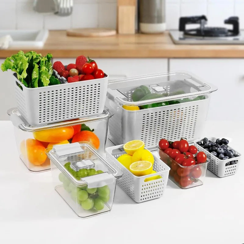 4 Pack Fruit and Vegetable Storage Containers for Fridge with Lids Removable Colander BPA Free Refrigerator Organizer Set - Cooky Kitchenware