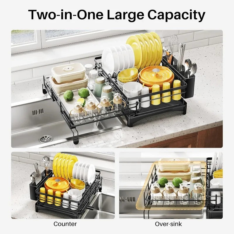 Dish Drying Rack - Extendable Dish Rack, Large Sink Drying Drainer for Kitchen Counter, Stainless Steel Dish Strainer - Cooky Kitchenware