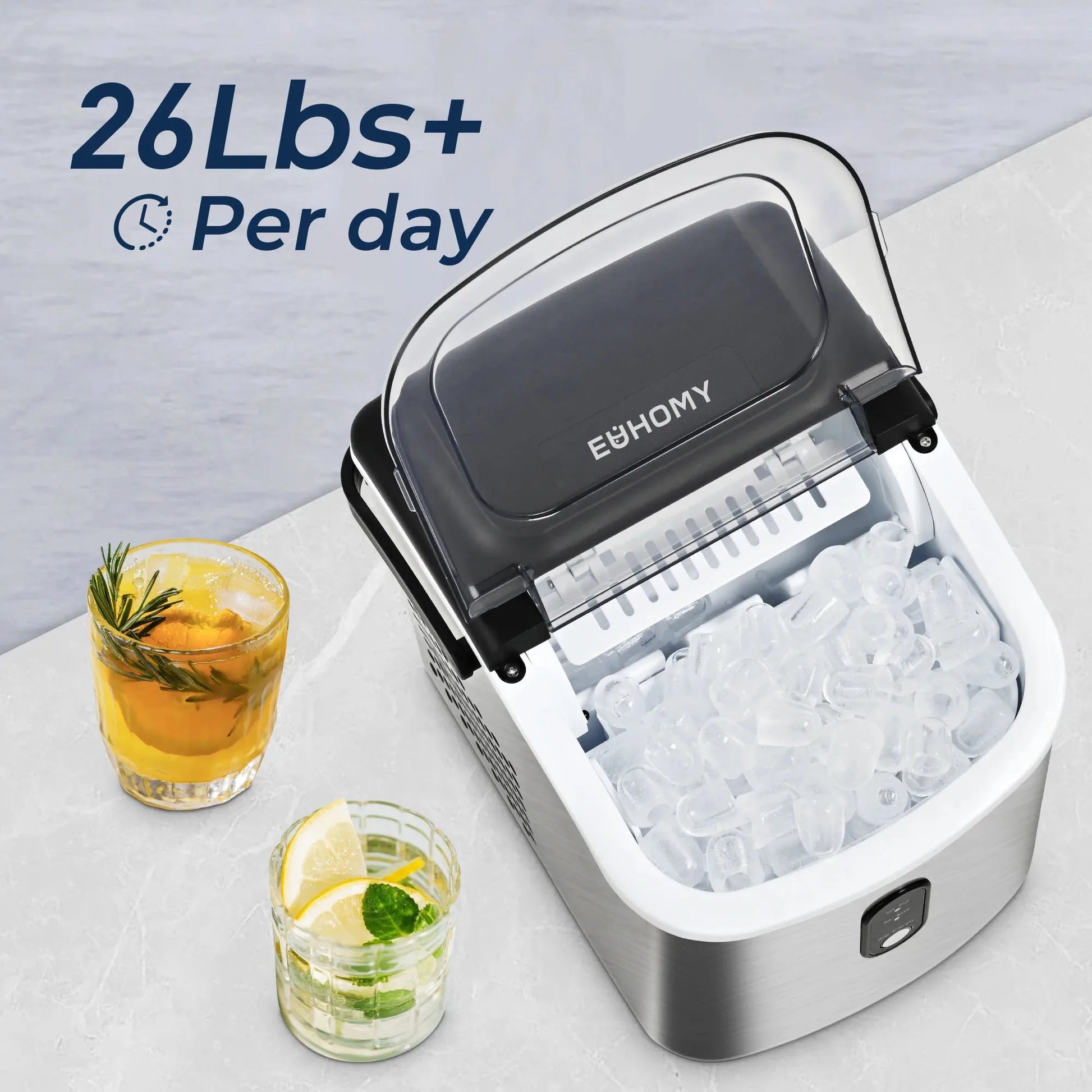 Euhomy Countertop Ice Maker Machine with Handle, 26 lbs/24H, 9 Cubes in 6 Mins, Auto-Cleaning Portable Ice Maker,Silver - Cooky Kitchenware