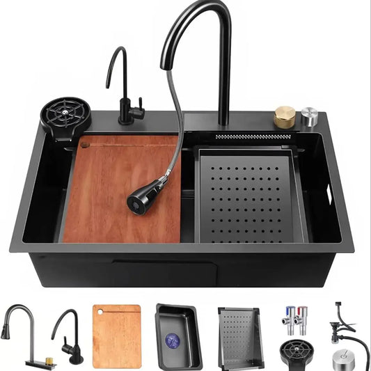 Nano Black Stainless Steel Single Bowl Kitchen Sink with Pull Down Faucet - Cooky Kitchenware