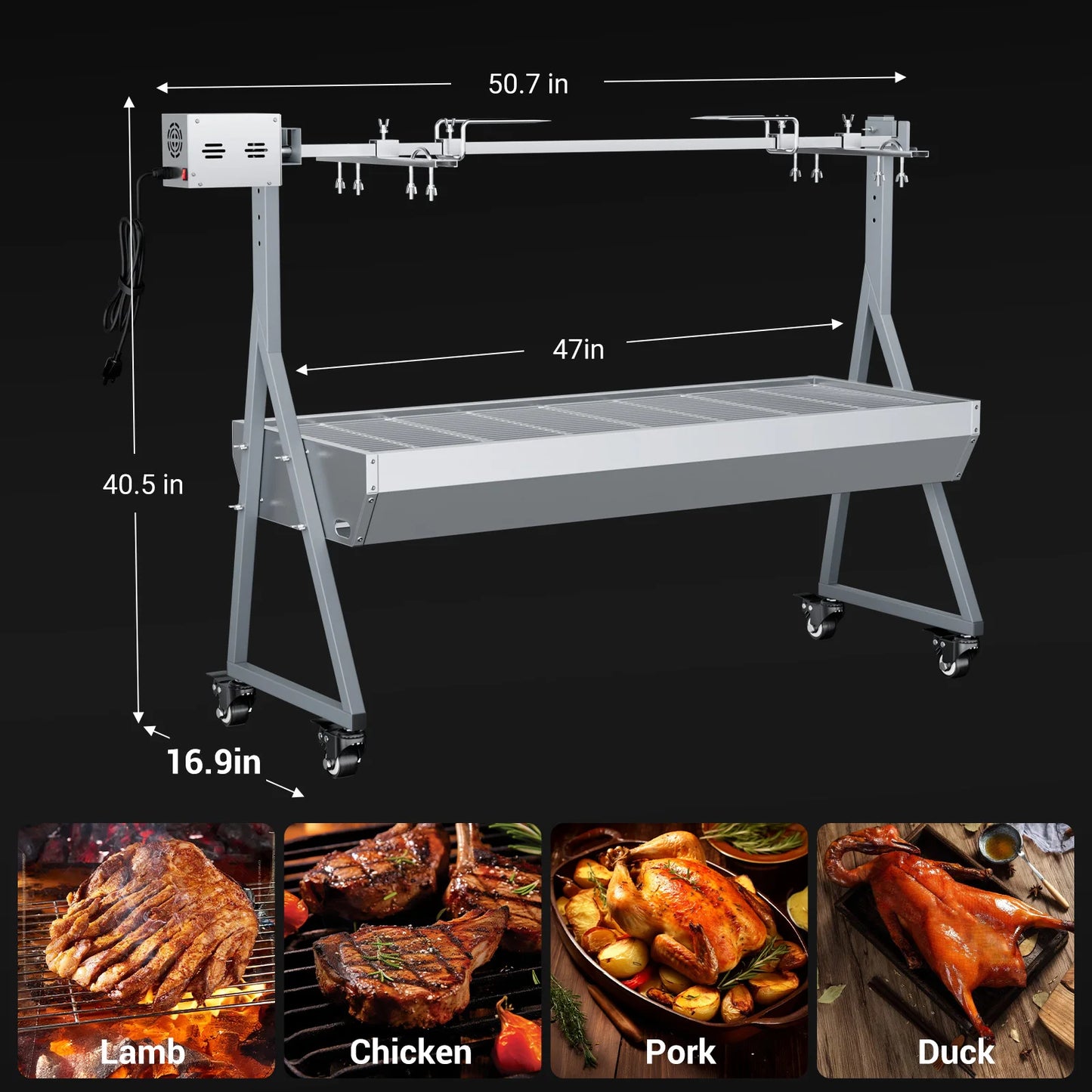 Camping Rotisserie Grill 176LBS Capacity 25W Motor Small BBQ Charcoal Roaster 51'' 2 in 1 Pig Lamb Cooking Tool