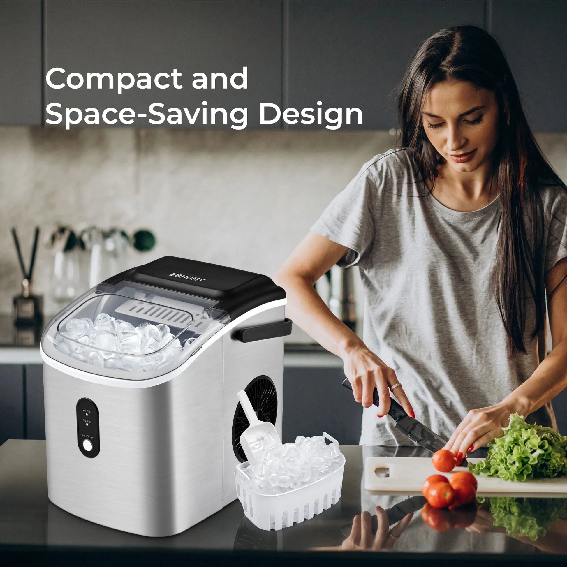 Euhomy Countertop Ice Maker Machine with Handle, 26 lbs/24H, 9 Cubes in 6 Mins, Auto-Cleaning Portable Ice Maker,Silver - Cooky Kitchenware