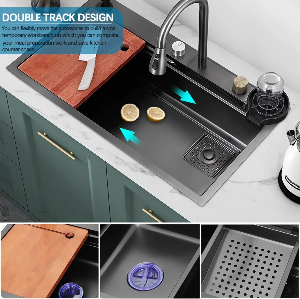 Nano Black Stainless Steel Single Bowl Kitchen Sink with Pull Down Faucet - Cooky Kitchenware