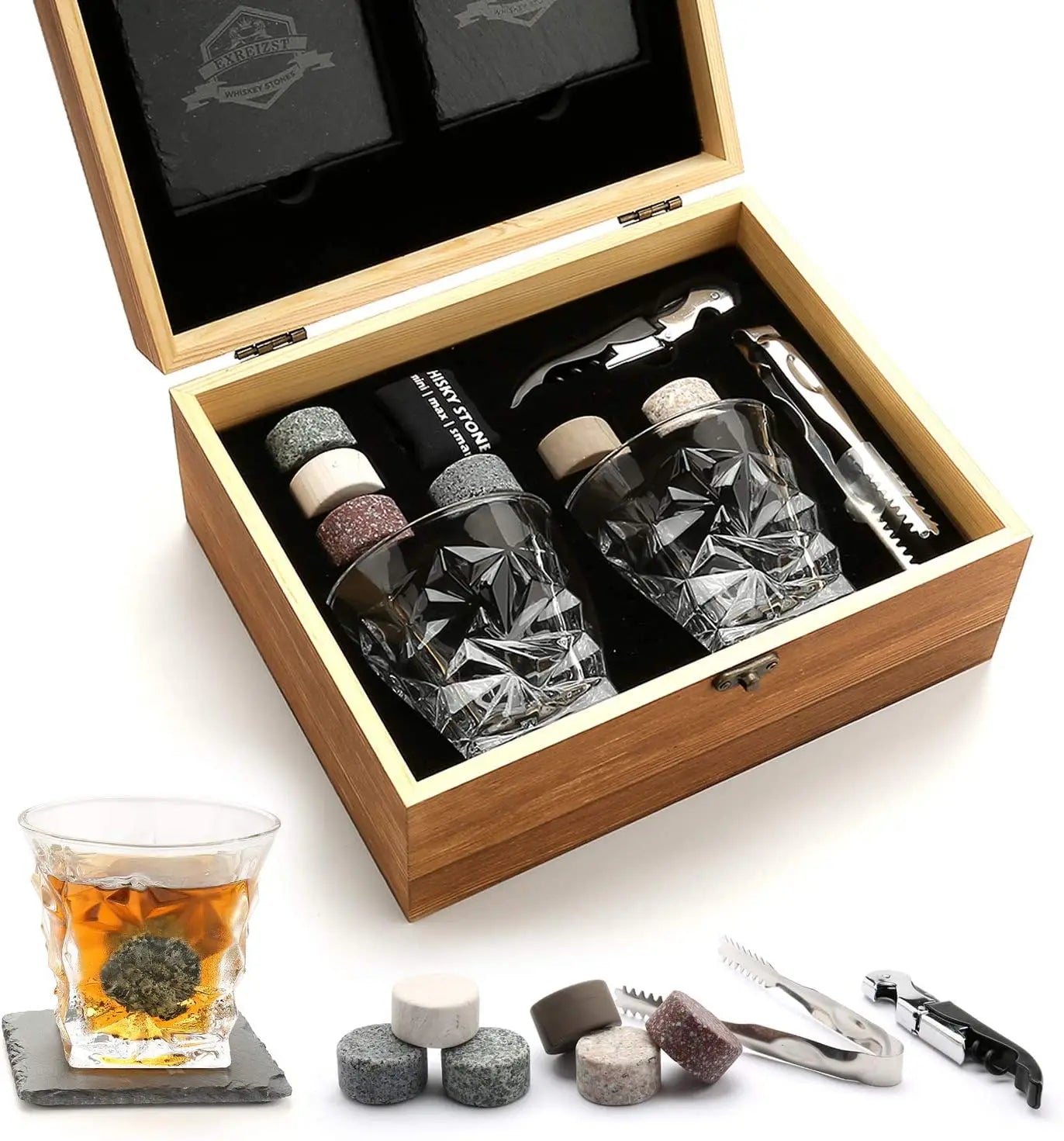 Whiskey Stones Gift Set with Whiskey Glass Set of 2 Granite Chilling Rocks for Scotch and Bourbon in Gift Box - Cooky Kitchenware