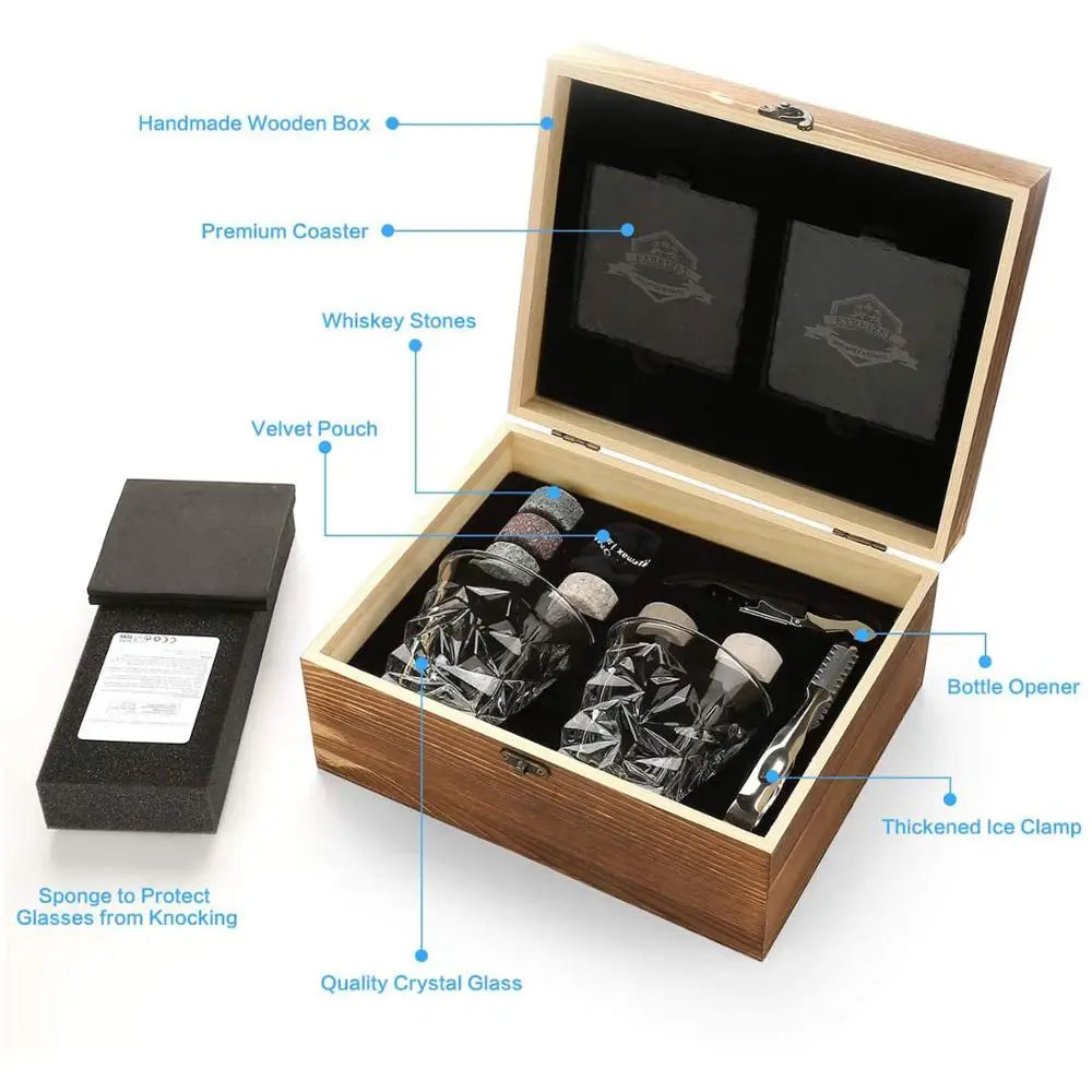 Whiskey Stones Gift Set with Whiskey Glass Set of 2 Granite Chilling Rocks for Scotch and Bourbon in Gift Box - Cooky Kitchenware