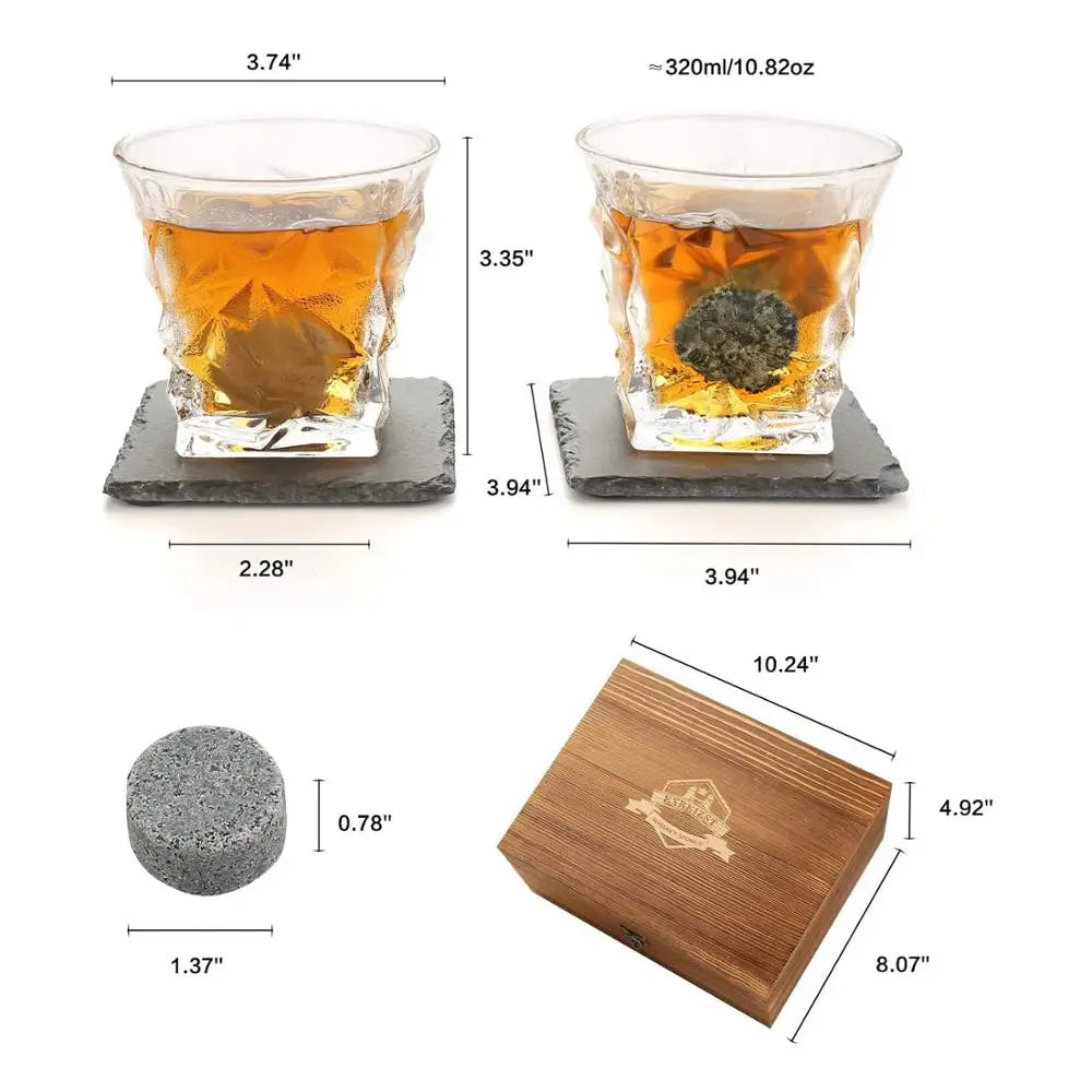 Whiskey Stones Gift Set with Whiskey Glass Set of 2 Granite Chilling Rocks for Scotch and Bourbon in Gift Box - Cooky Kitchenware