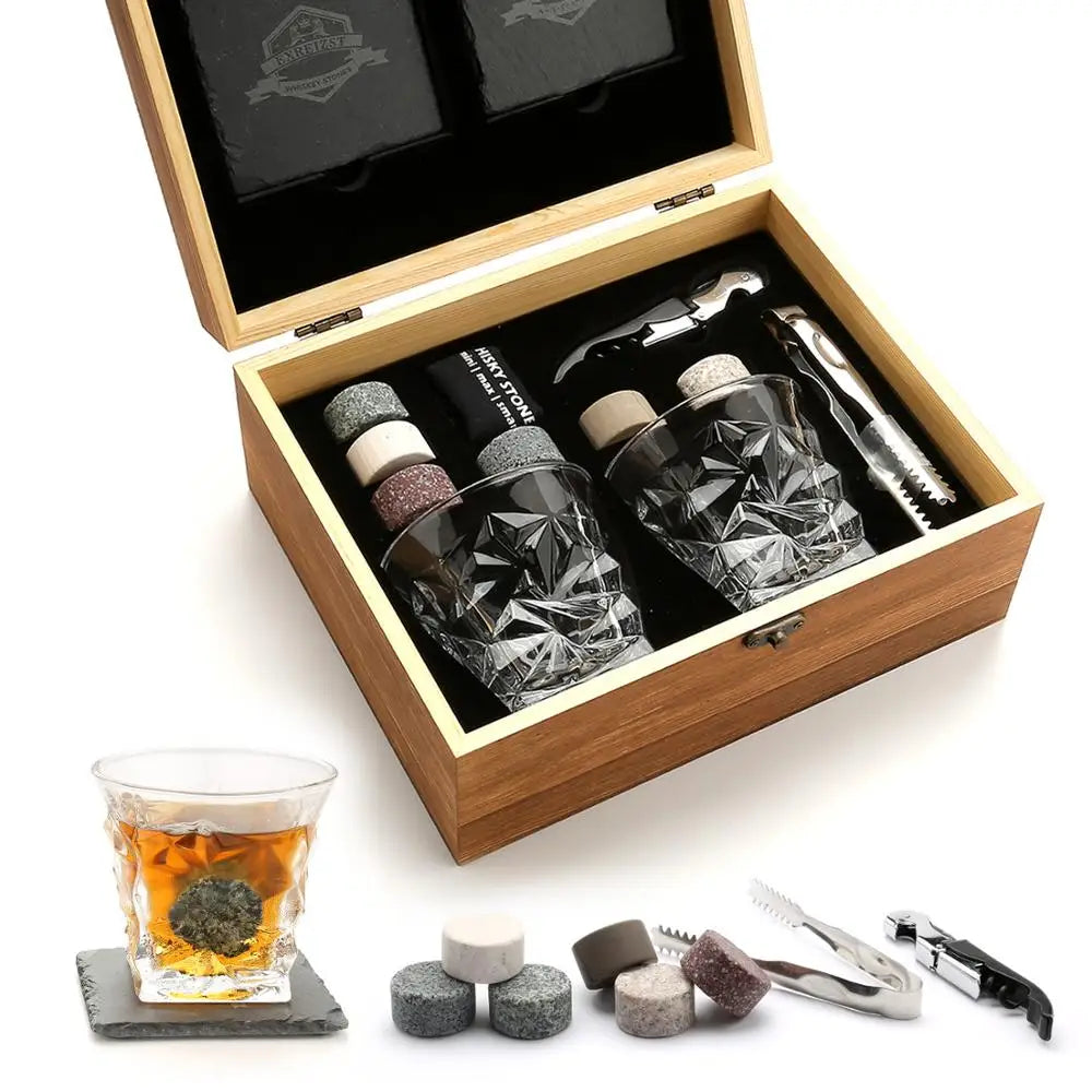 Whiskey Stones Gift Set with Whiskey Glass Set of 2 Granite Chilling Rocks for Scotch and Bourbon in Gift Box - Cooky Kitchenware