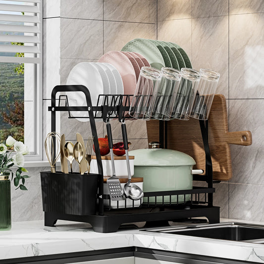 2 Tier Large Dish Drying Rack For Kitchen Counter  Dish Drainer, Large Dish Drying Rack With Drainboard & Utensil Holders,Black - Cooky Kitchenware
