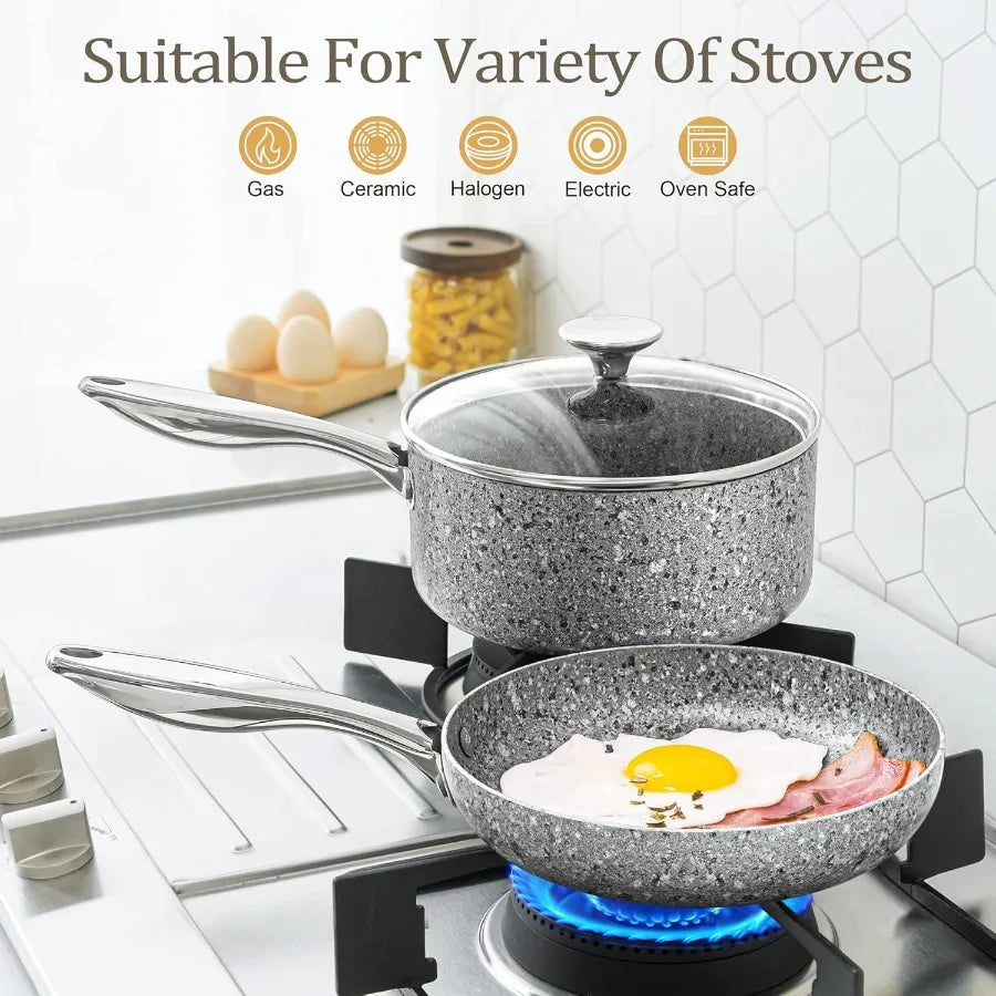Pots and Pans Set 10 Piece Cookware Set with Granite Coatings for Super Nonstick Result Essential Stone Cookware Sets with Uten - Cooky Kitchenware