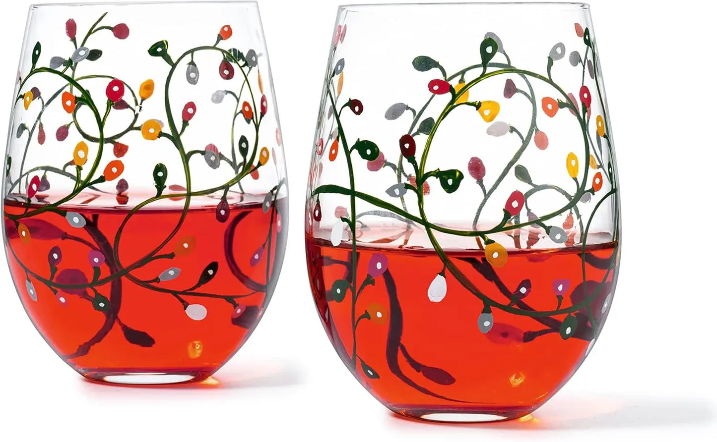 Winter Themed Lights Stemless Wine & Water Glasses - Artisanal Hand Painted Ornament Light Bulbs Glasses - Tree - Set of 2, 17.5