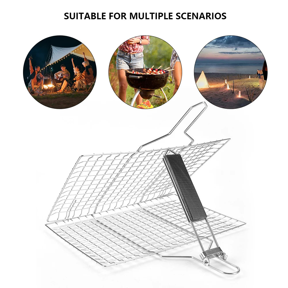 BBQ Grilling Basket Folding Outdoor Camping BBQ Rack with Detachable Handle 8.6*12.6 Inch for Fish Vegetables Steak Shrimp Chops - Cooky Kitchenware