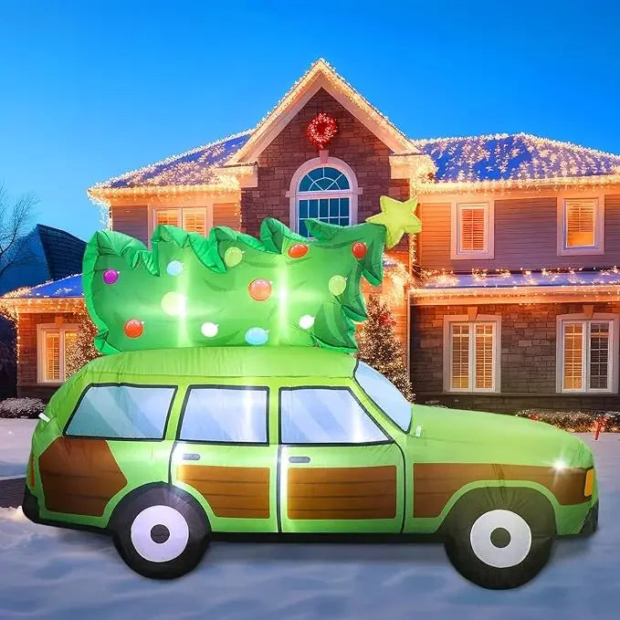 8-Foot Tall Outdoor Christmas Inflatable Wagon with LED Lights and Tree Decoration
