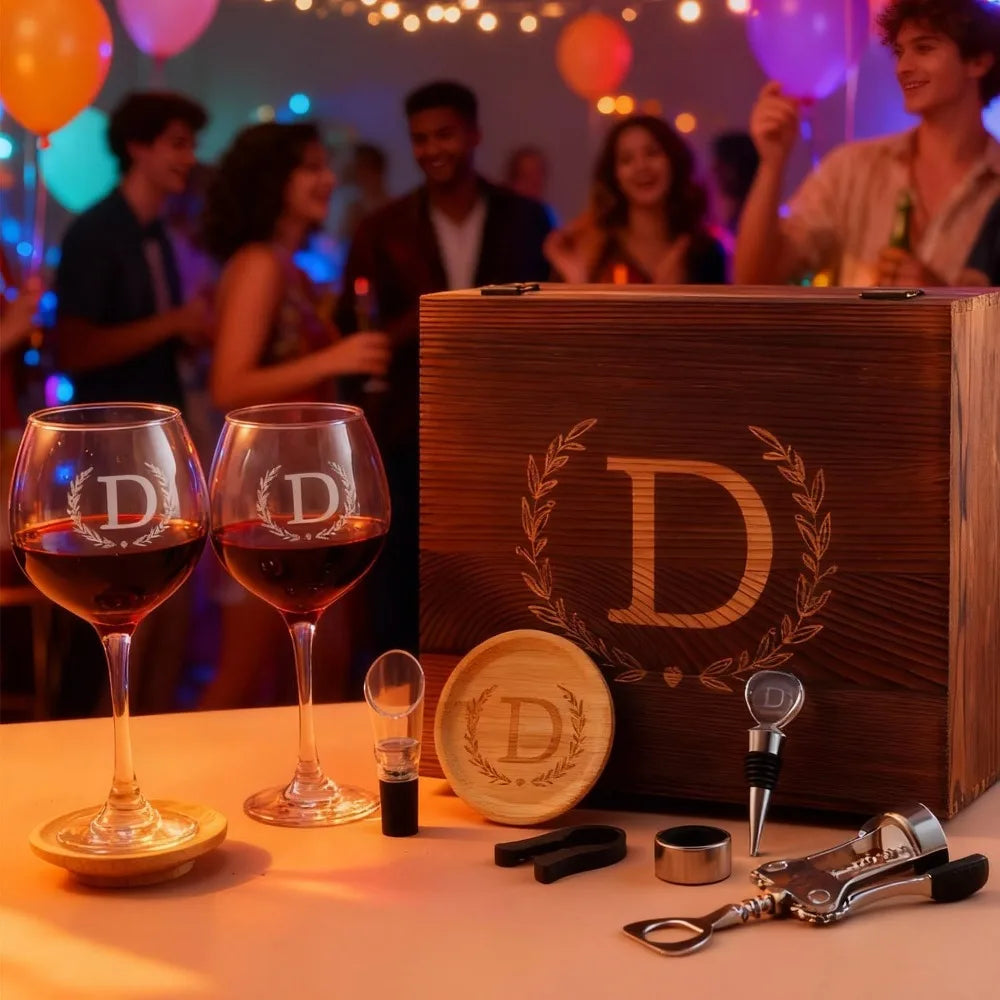 Personalized Initial Engraved Wine Glasses Set for Women - Mom's Birthday Gift, Monogrammed Wooden Christmas Wedding Present