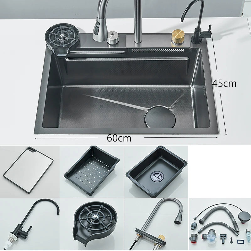 304Stainless Steel Waterfall Kitchen Sink Large Single Slot Integrated 60X45cm Faucet Set Soap Dispenser/Pure Water/Cup Washer - Cooky Kitchenware