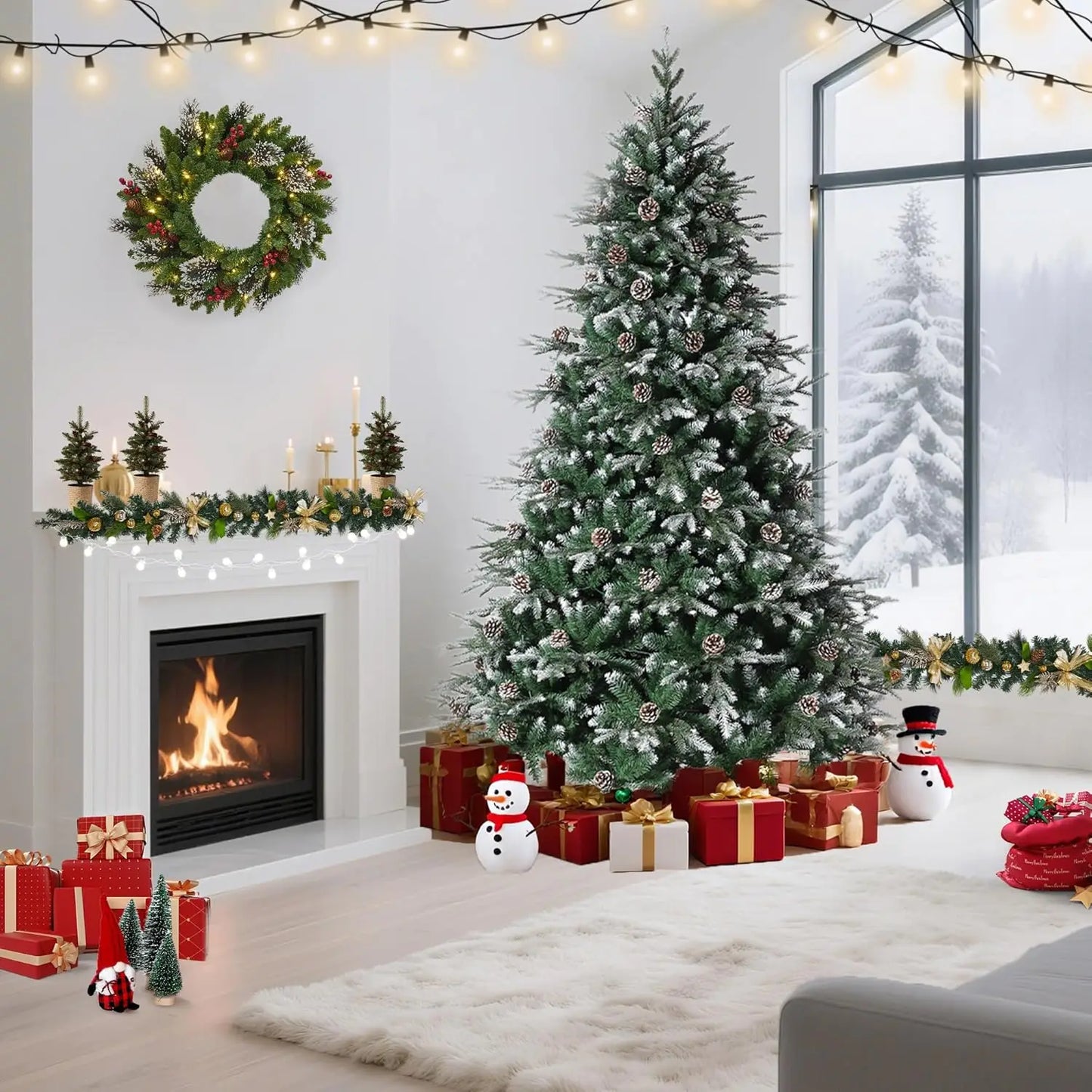 6Ft/7.5Ft/9Ft Pre-Lit Snow Flocked Christmas Tree 8-Modes LED Lights Prelit Artificial Tree With Fake Pine Cones For Home Decor