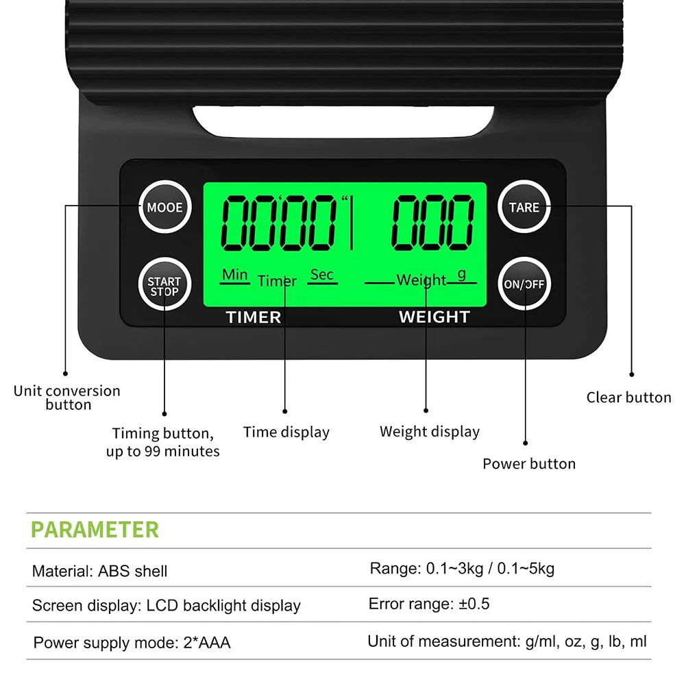 5 3kg LCD Kitchen Coffee Scale with Digital Timer High Precision Measuring Tool - Cooky Kitchenware