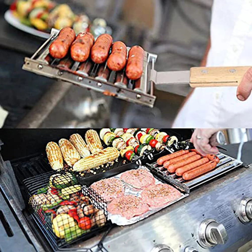 Stainless Steel Hot Dog Roller With Extra Long Wood Handle
