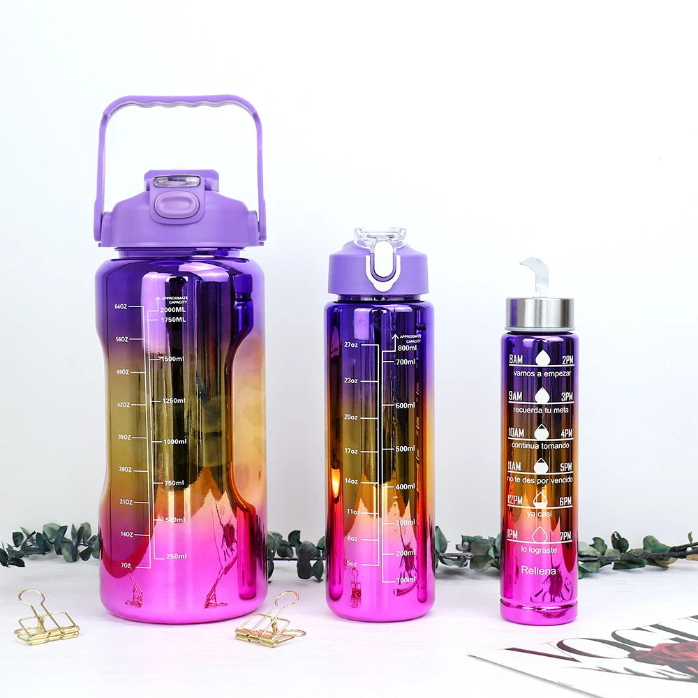 3pcs of leak proof electroplated gradient sports water bottles with straws and time markers - Perfect for offices, schools.