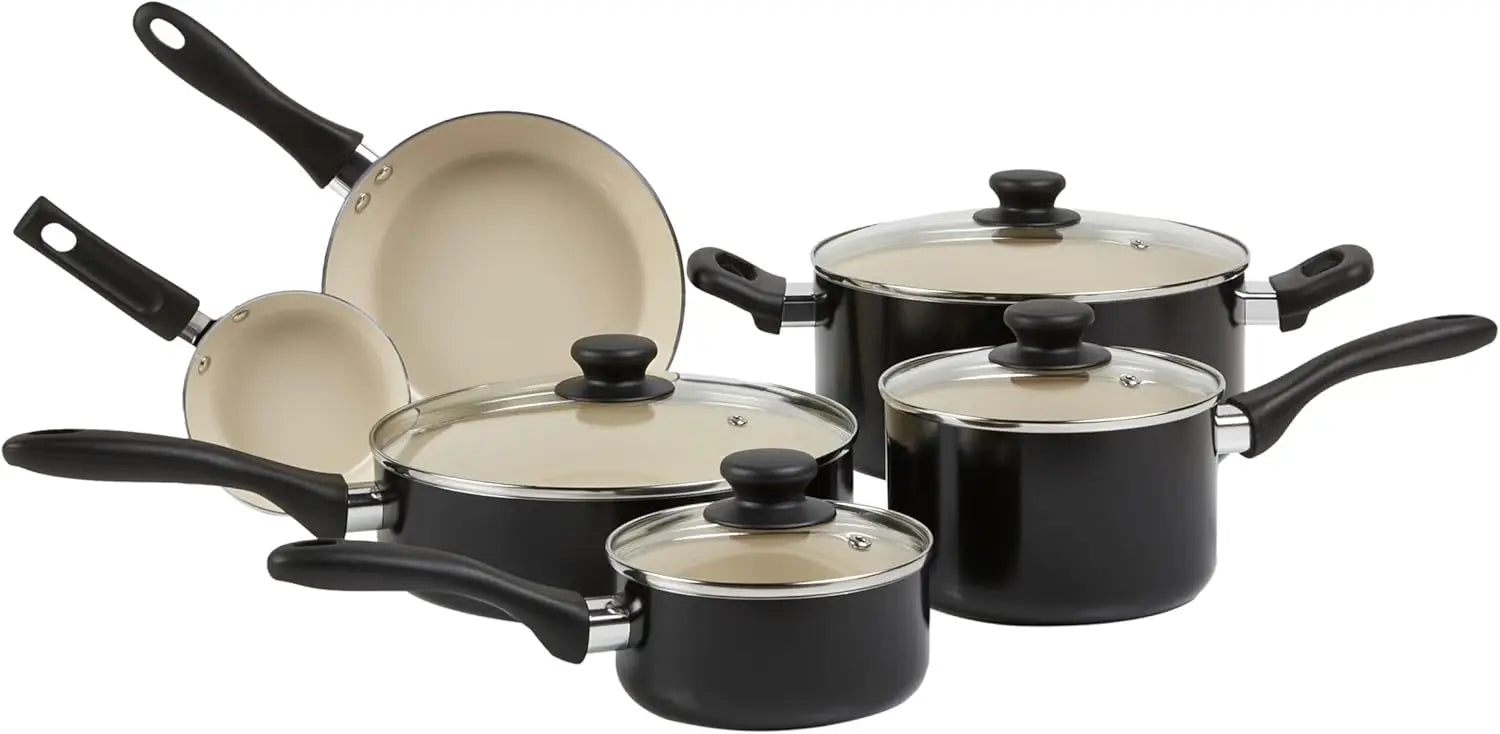 Ceramic Nonstick Pots and Pans 11 Piece Cookware Set, made without PFOA & PTFE, Black/Cream - Cooky Kitchenware