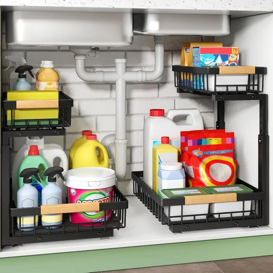 Under Sink Organizer 2 Pack 2 Tier Slide Out Pull Out Cabinet Organizer Shelf Metal Sliding Drawer for Kitchen Bathroom Pantry Cabinet - Cooky Kitchenware