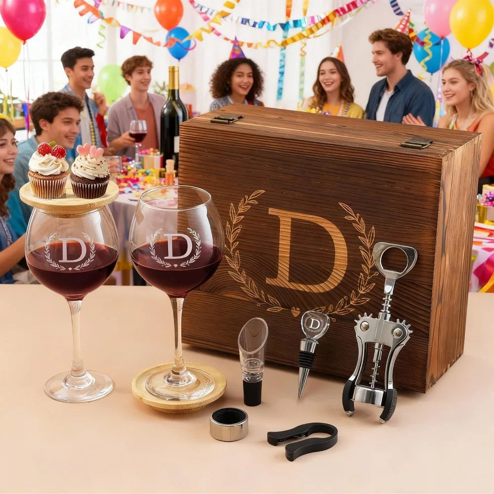 Personalized Initial Engraved Wine Glasses Set for Women - Mom's Birthday Gift, Monogrammed Wooden Christmas Wedding Present