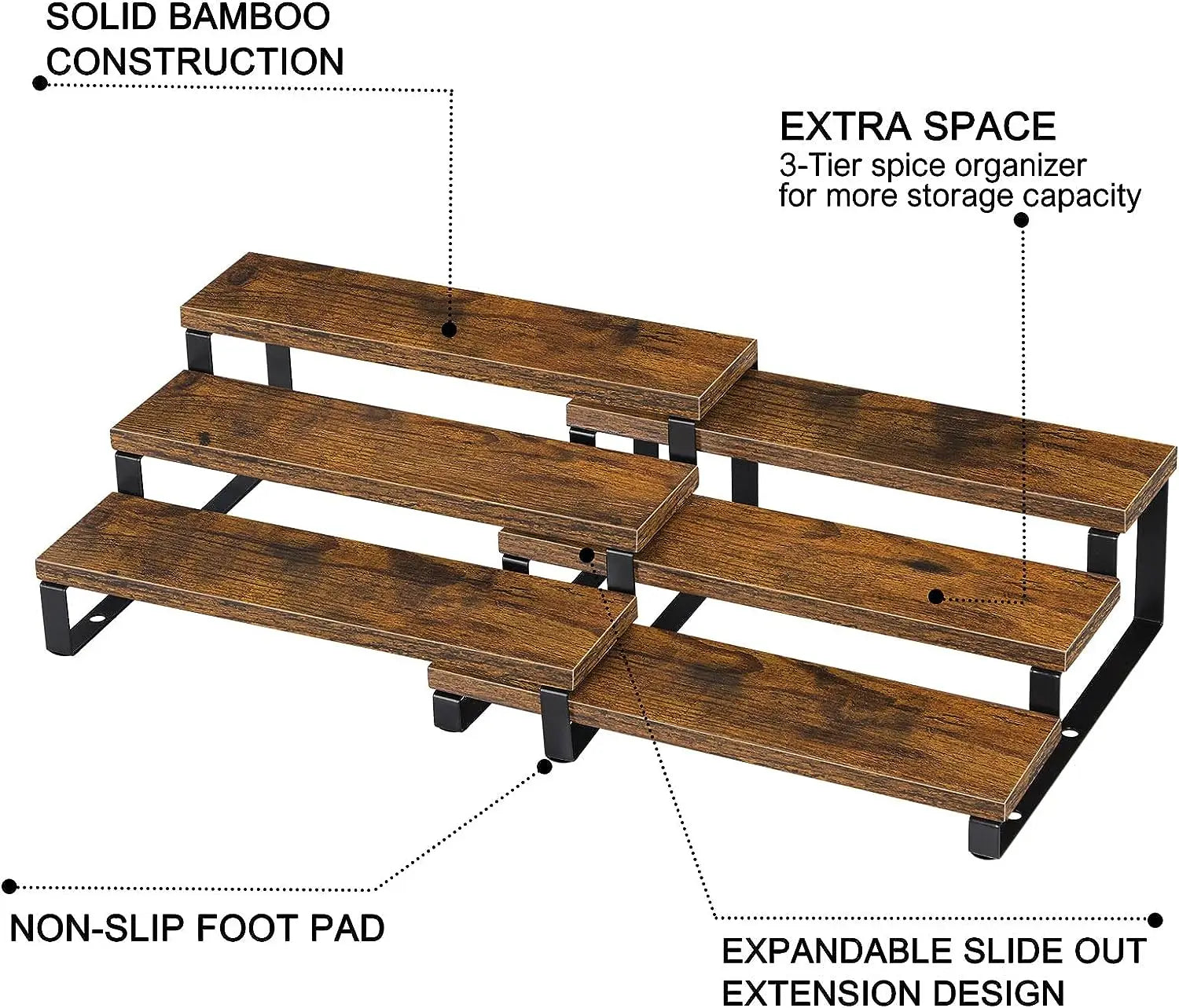3 Tier Wooden Spice Rack Organizer for Kitchen Cabinet and Countertop Expandable Spice Rack Shelf Set of 2 - Cooky Kitchenware